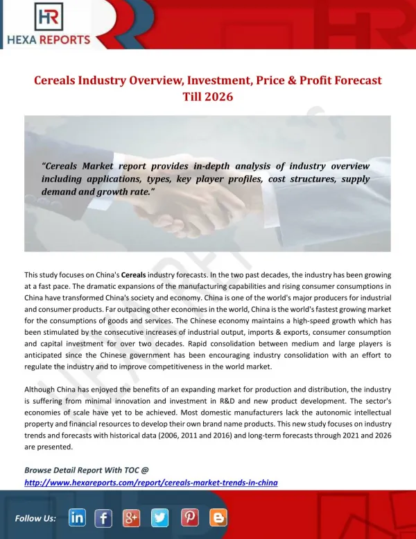 Cereals Industry Overview, Investment, Price & Profit Forecast Till 2026