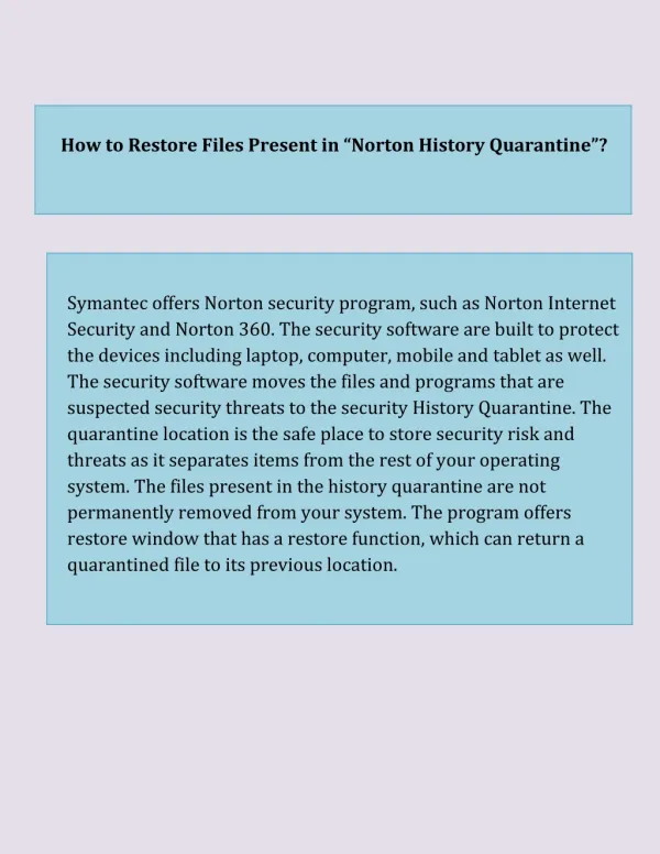 Tips for Restoring File Present in "Norton History Quarantine "