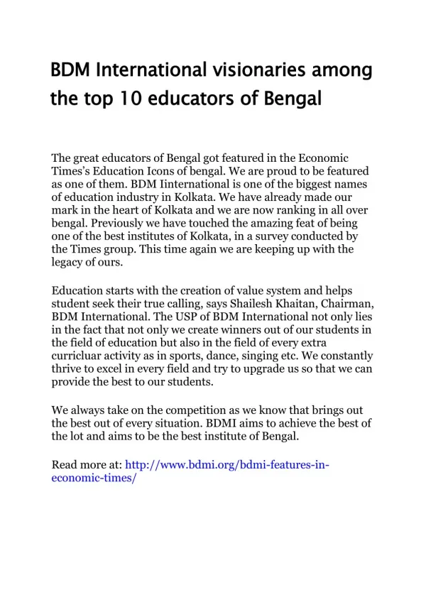 BDM International visionaries among the top 10 educators of Bengal