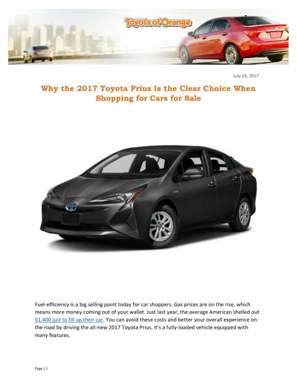 Why the 2017 Toyota Prius Is the Clear Choice When Shopping for Cars for Sale