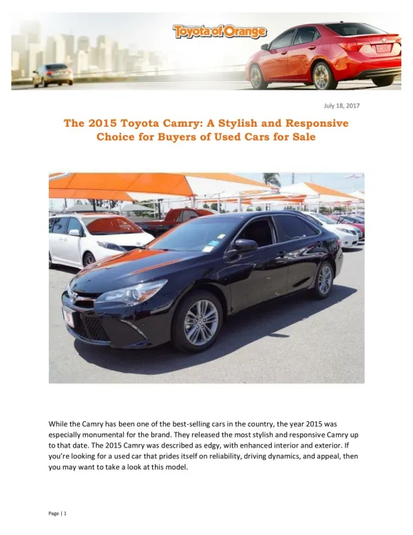 The 2015 Toyota Camry: A Stylish and Responsive Choice for Buyers of Used Cars for Sale