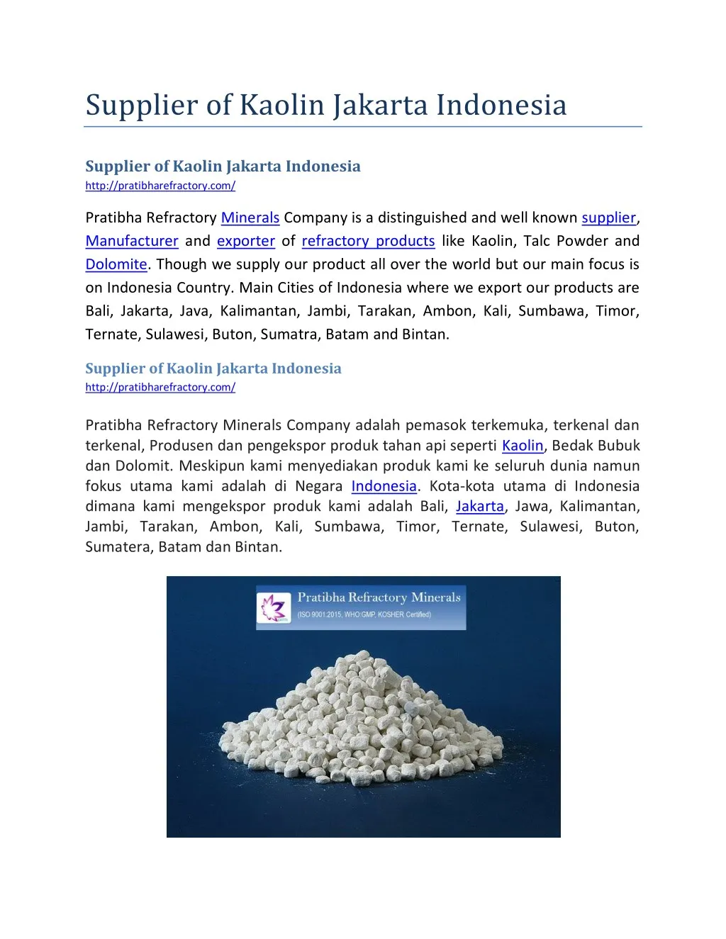 supplier of kaolin jakarta indonesia