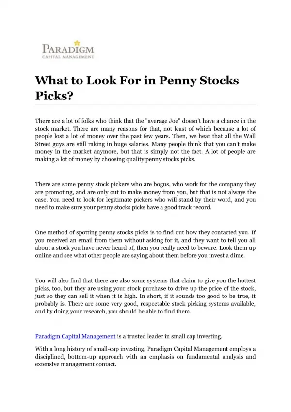 What to Look For in Penny Stocks Picks?