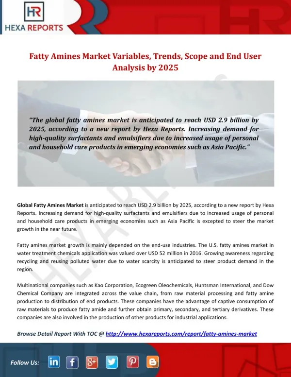 Fatty Amines Market Variables, Trends, Scope and End User Analysis by 2025