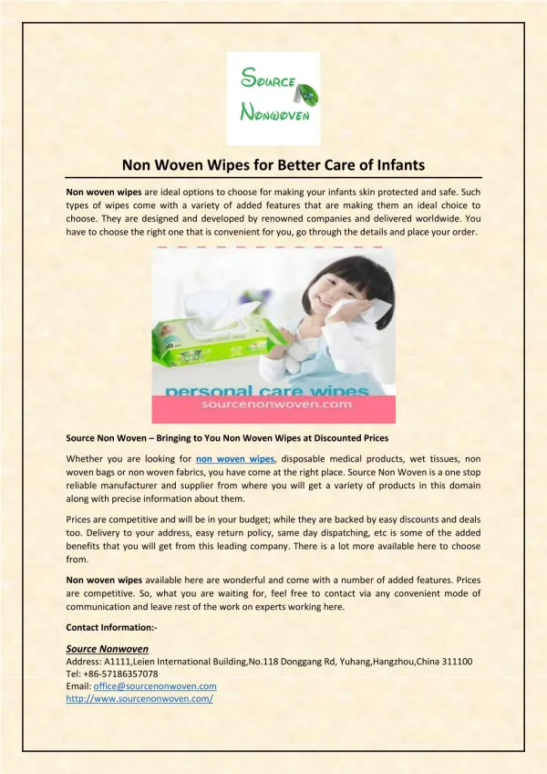 Non Woven Wipes for Better Care of Infants