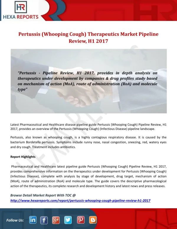 Pertussis (Whooping Cough) Therapeutics Market Pipeline Review, H1 2017