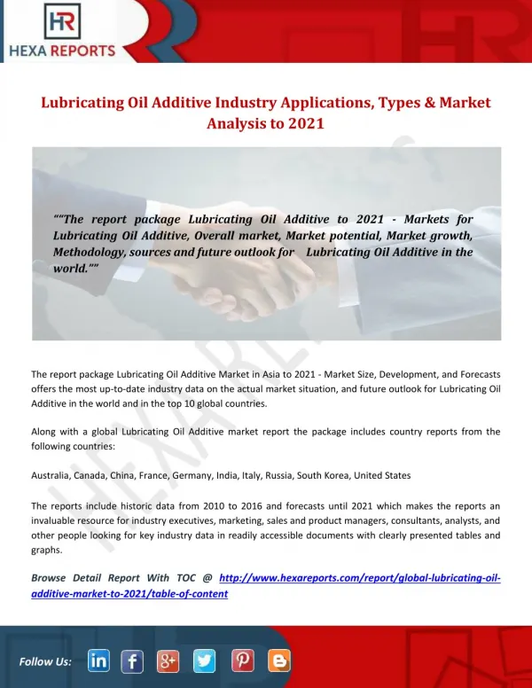 Lubricating Oil Additive Industry Applications, Types & Market Analysis to 2021