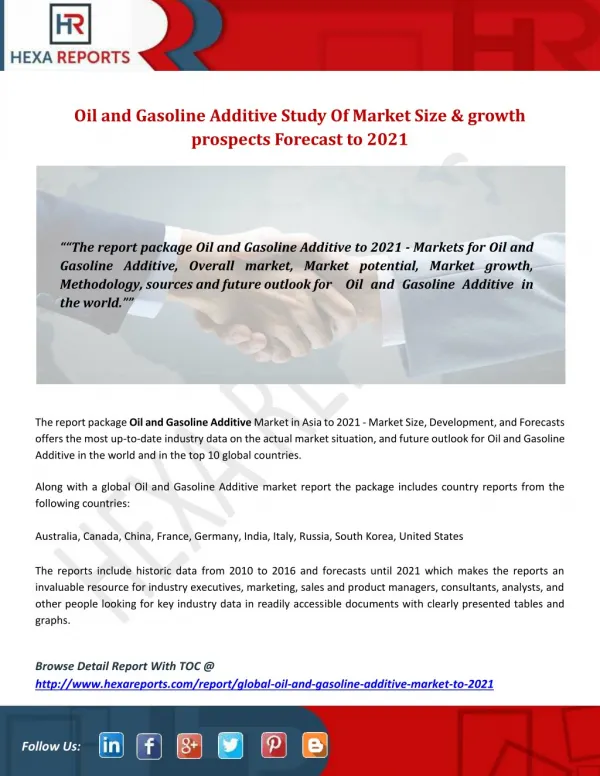 Oil and Gasoline Additive Study Of Market Size & growth prospects Forecast to 2021