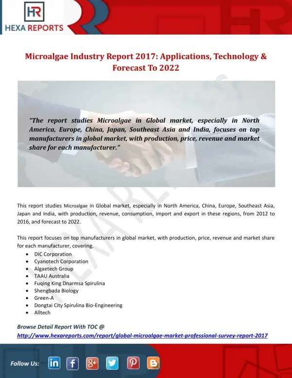 Microalgae Industry Report 2017: Applications, Technology & Forecast To 2022