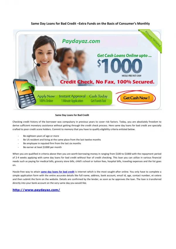 Same Day Loans for Bad Credit –Extra Funds on the Basis of Consumer’s Monthly