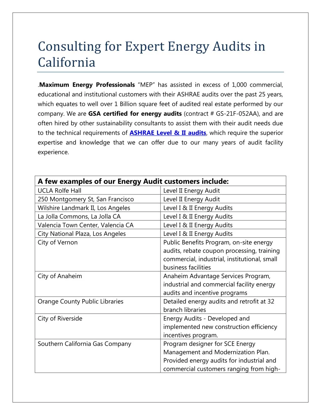 consulting for expert energy audits in california