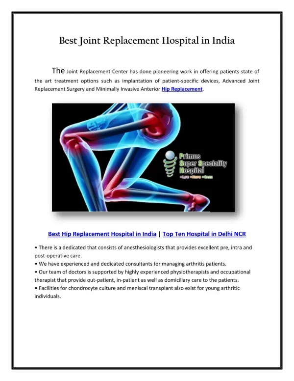 Best Joint Replacement Hospital in Delhi