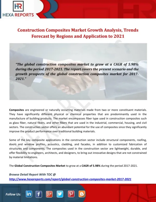 Construction Composites Market Growth Analysis, Trends Forecast by Regions and Application to 2021