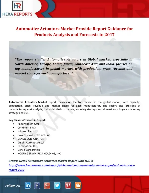 Automotive Actuators Market Provide Report Guidance for Products Analysis and Forecasts to 2017