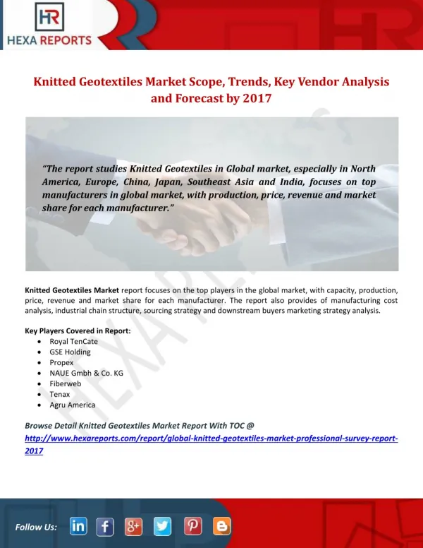 Knitted Geotextiles Market Scope, Trends, Key Vendor Analysis and Forecast by 2017