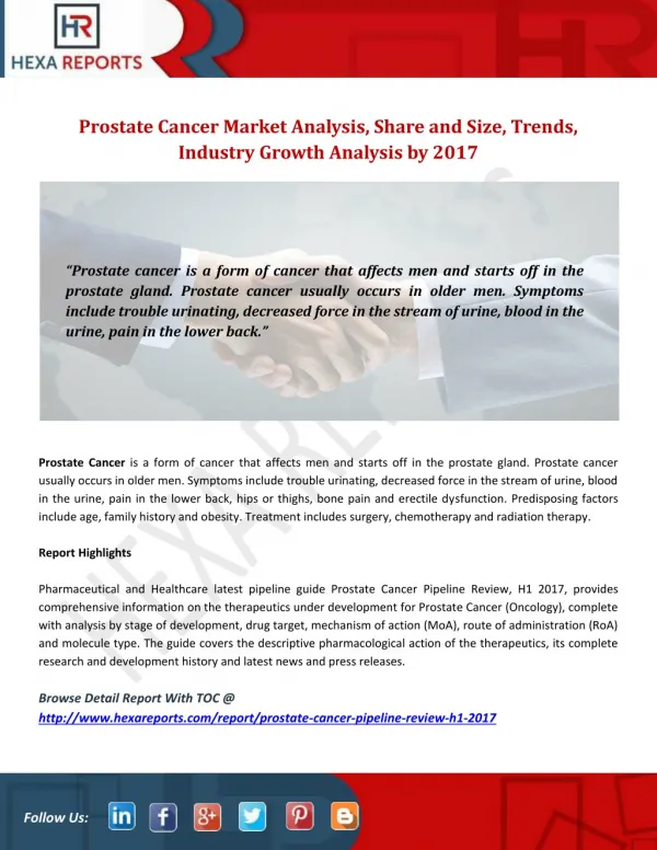 Prostate Cancer Market Analysis, Share and Size, Trends, Industry Growth Analysis by 2017