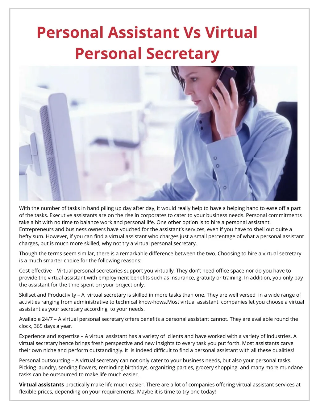 personal assistant vs virtual personal secretary