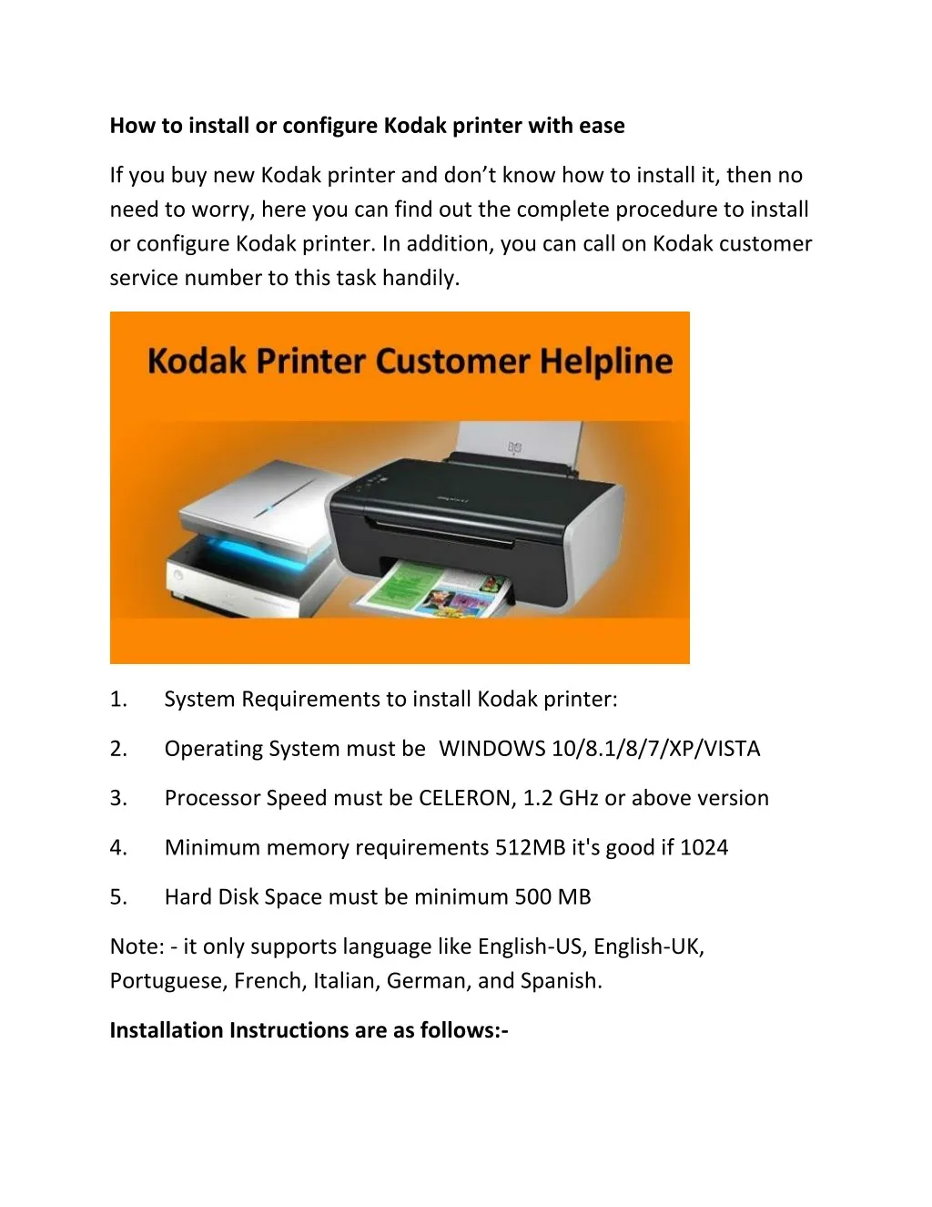 how to install or configure kodak printer with