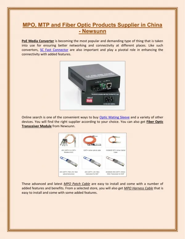 MPO, MTP and Fiber Optic Products Supplier in China - Newsunn