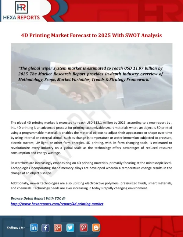 4D Printing Market Forecast to 2025 With SWOT Analysis