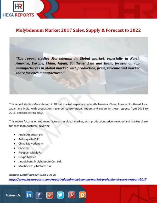 Molybdenum Market 2017 Sales, Supply & Forecast to 2022