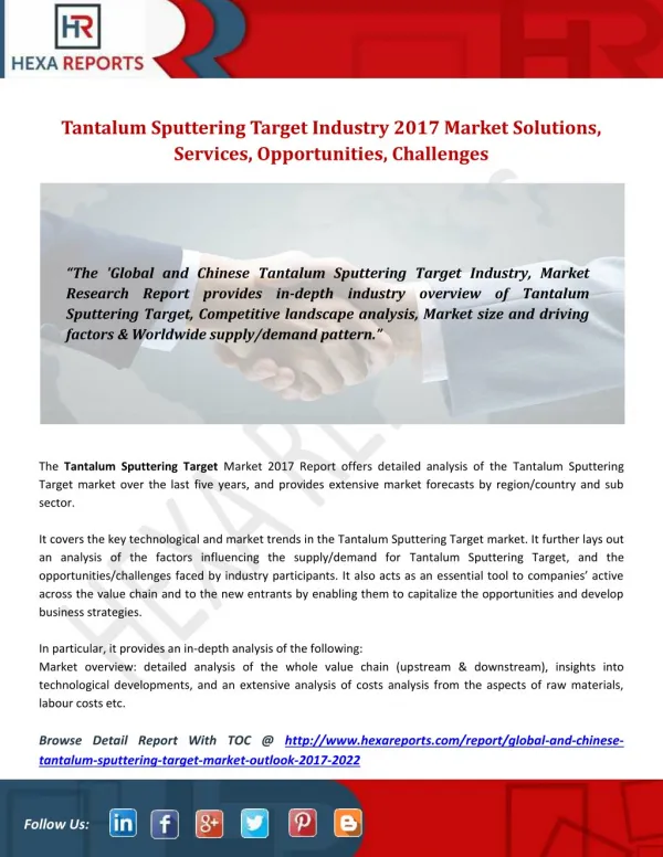 Tantalum Sputtering Target Industry 2017 Market Solutions, Services, Opportunities, Challenges