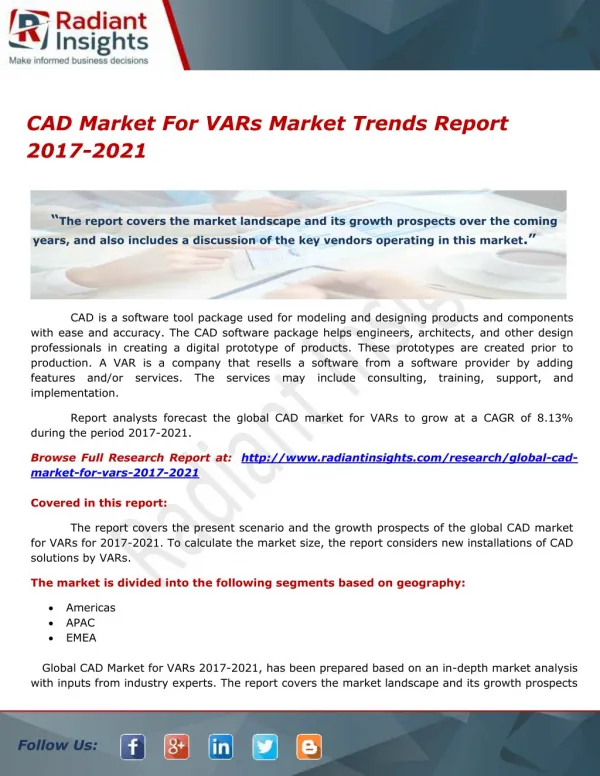 CAD Market For VARs Market Trends Report 2017-2021
