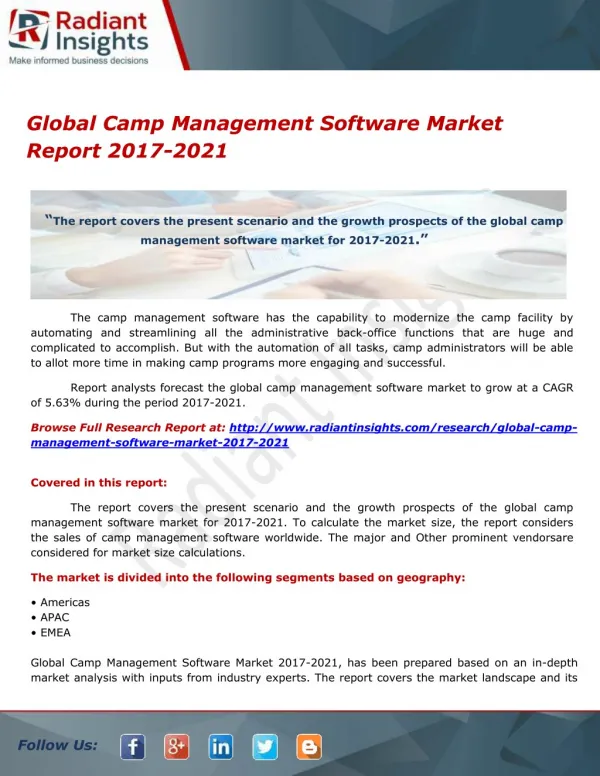 Global Camp Management Software Market Report 2017-2021