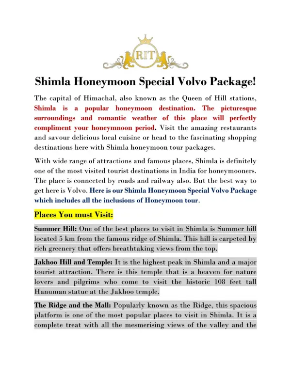 Shimla Volvo Tour Package, Shimla Trip, Shimla Holiday Tour Package