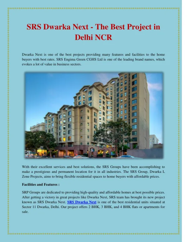 SRS Dwarka Next - The Best Project in Delhi NCR