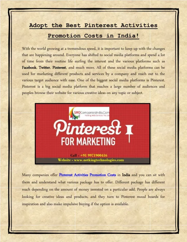 Adopt the Best Pinterest Activities Promotion Costs in India!