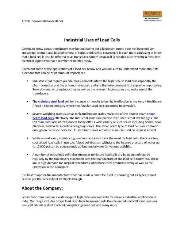 Learn Industrial Uses of Load Cells