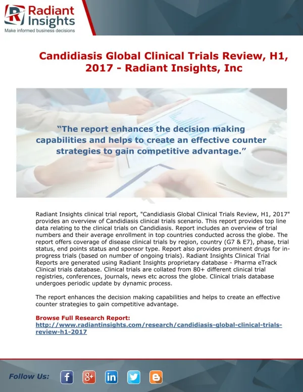 Candidiasis Global Clinical Trials Review, H1, 2017 - Radiant Insights