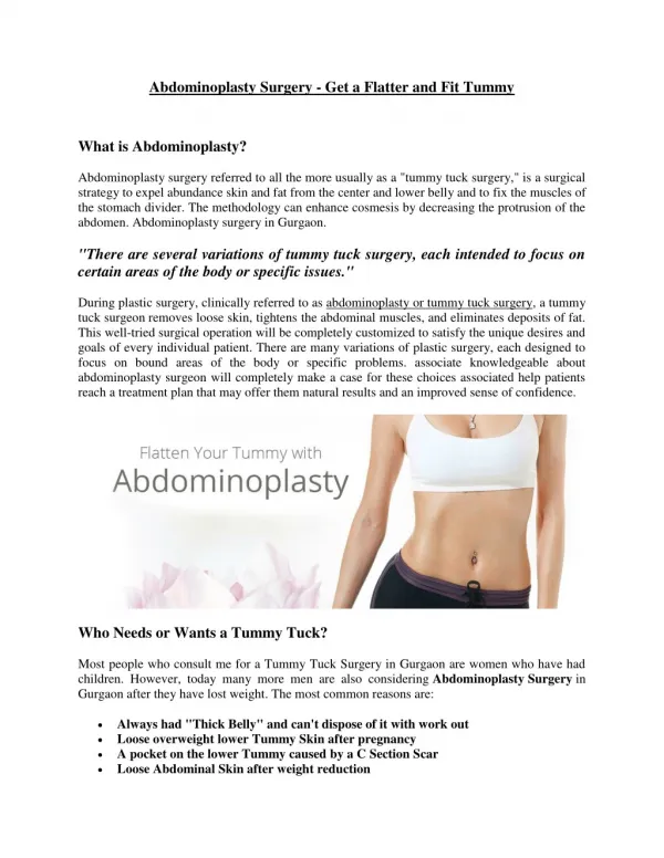 Get a Flatter and Fit Tummy through Abdominoplasty Surgery