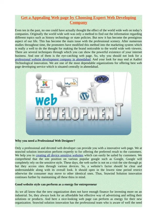 Get a Appealing Web page by Choosing Expert Web Developing Company