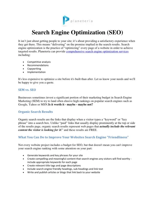 Search Engine Optimization - Ecommerce -Planeteria