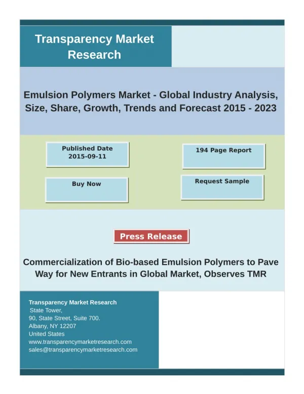 Emulsion Polymers Market Analysis by Segments, Size and Forecast 2015 - 2023