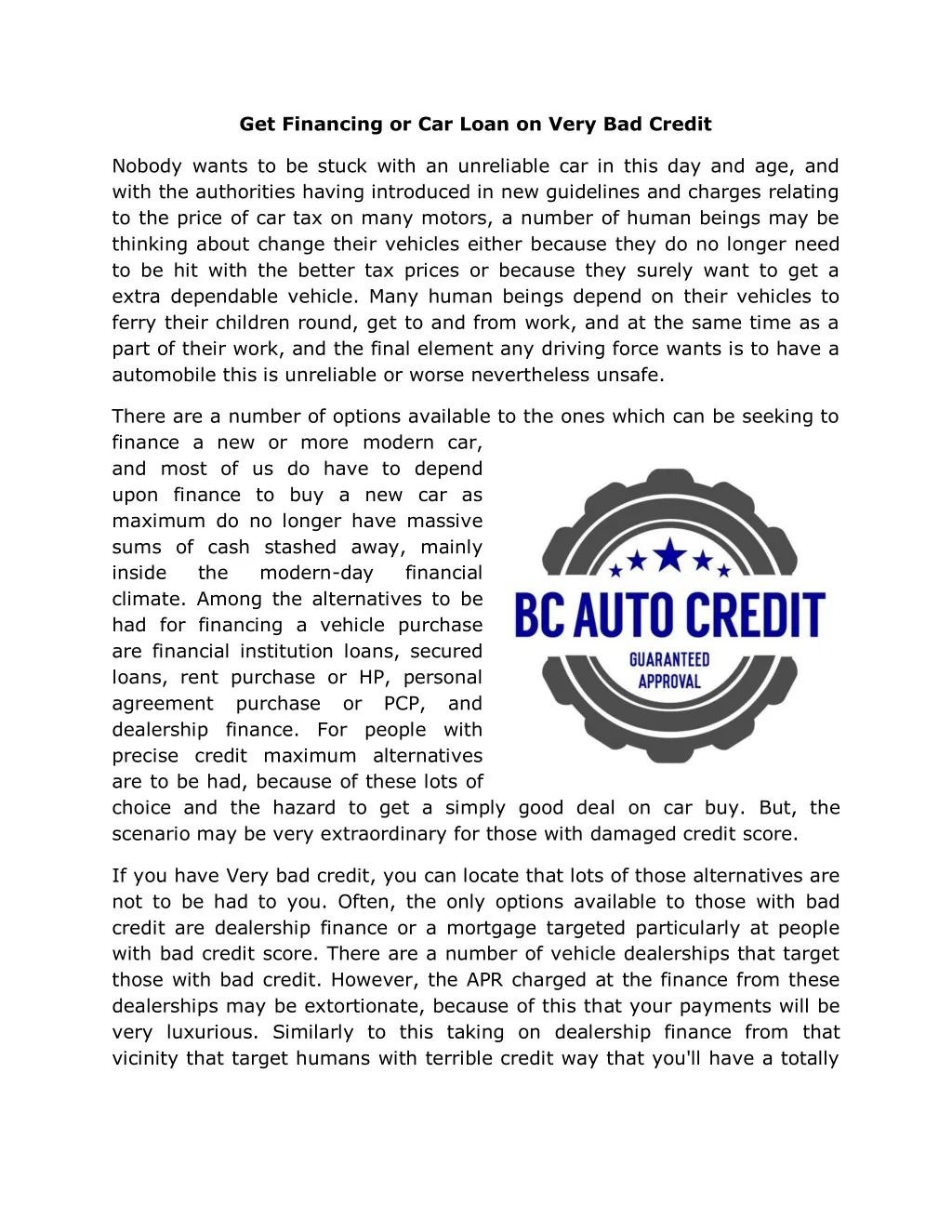 get financing or car loan on very bad credit