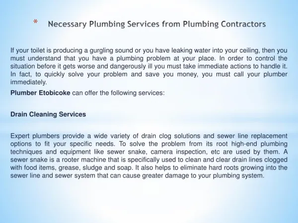 Necessary Plumbing Services from Plumbing Contractors