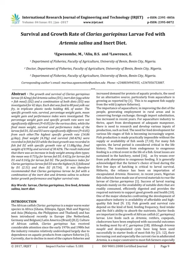 IRJET:Survival and Growth Rate of Clarias gariepinus Larvae Fed with Artemia salina and Inert Diet