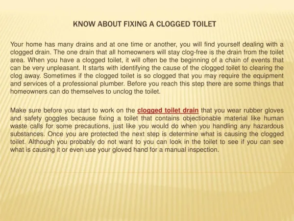 Know about Fixing a Clogged Toilet