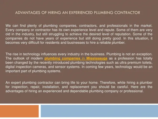 Advantages of Hiring an Experienced Plumbing Contractor