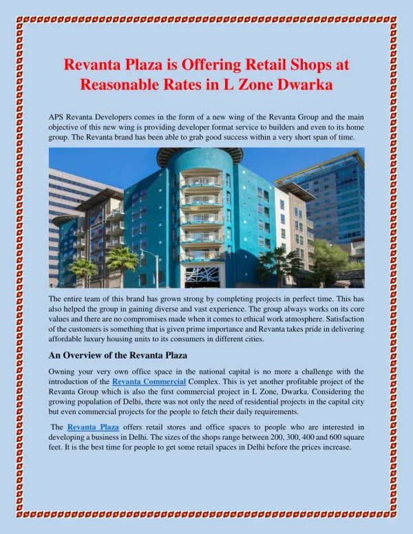 Revanta Plaza is Offering Retail Shops at Reasonable Rates in L Zone Dwarka