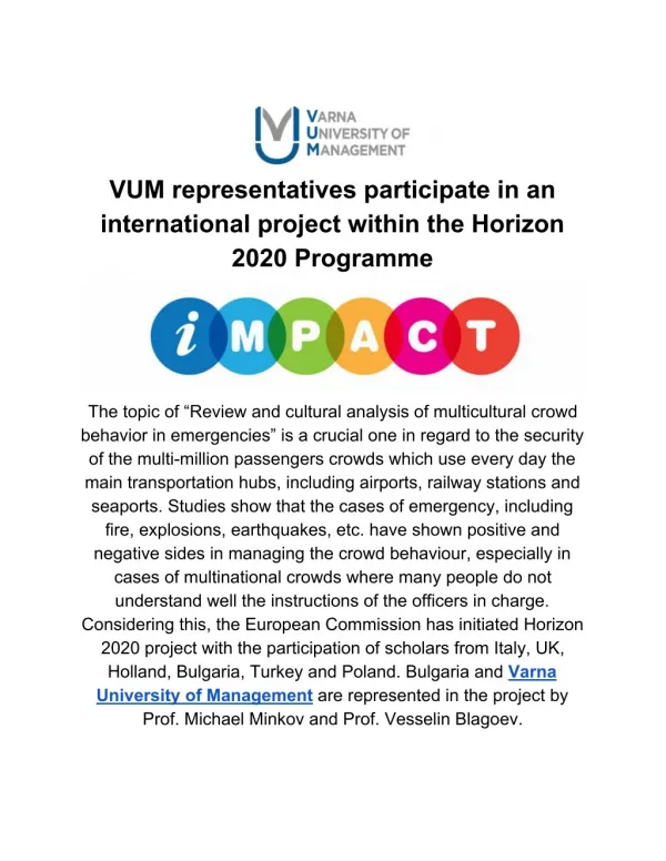 VUM representatives participate in an international project within the Horizon 2020 Programme