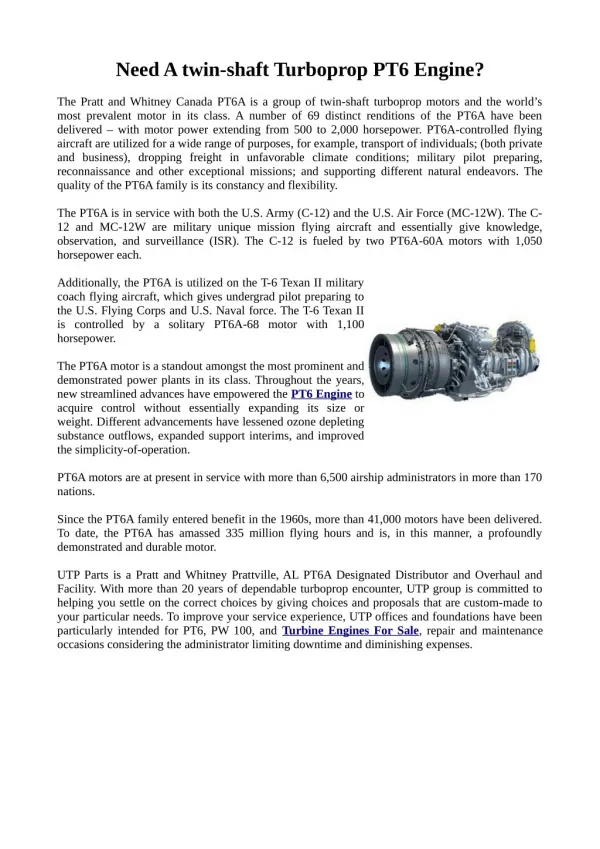 Need Highest Quality Parts of PT6 Engine?