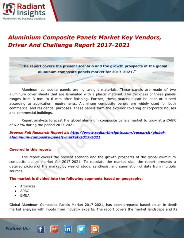 Aluminium Composite Panels Market Key Vendors, Driver And Challenge Report 2017-2021