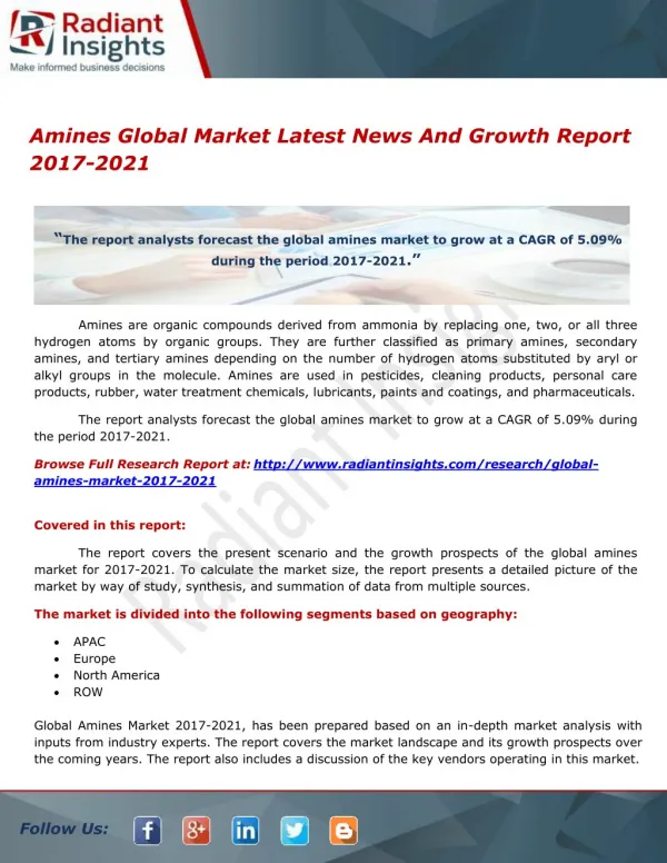 Global Amines Market To Grow At A CAGR Of 5.09% During The Period 2017-2021