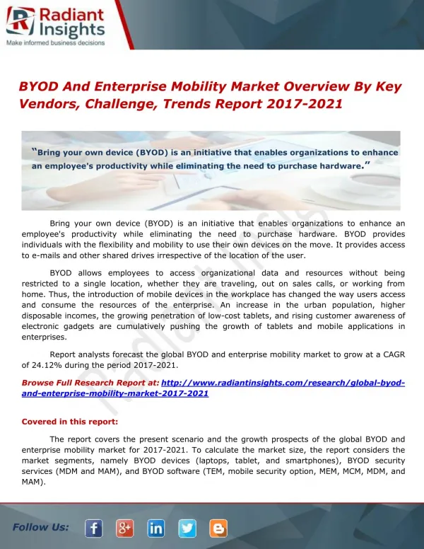 BYOD And Enterprise Mobility Market Overview By Key Vendors, Challenge, Trends Report 2017-2021