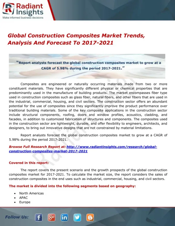 Construction Composites Global Market Drivers and challenges Report 2017-2021