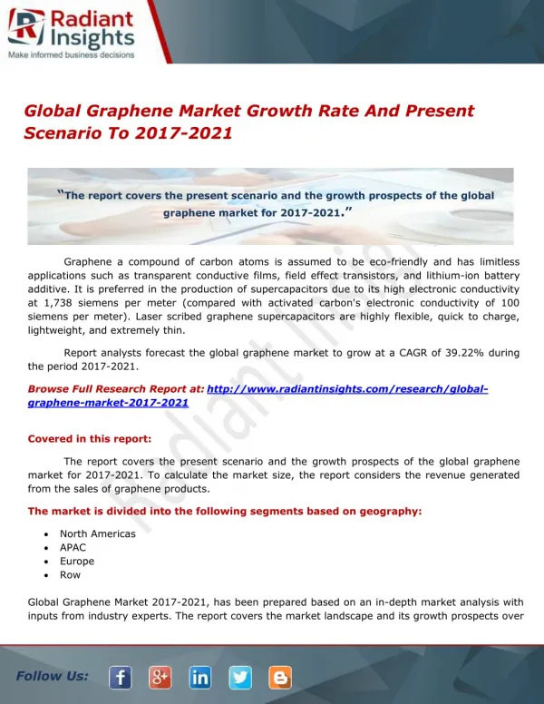 Global Graphene Market Growth Rate And Present Scenario To 2017-2021